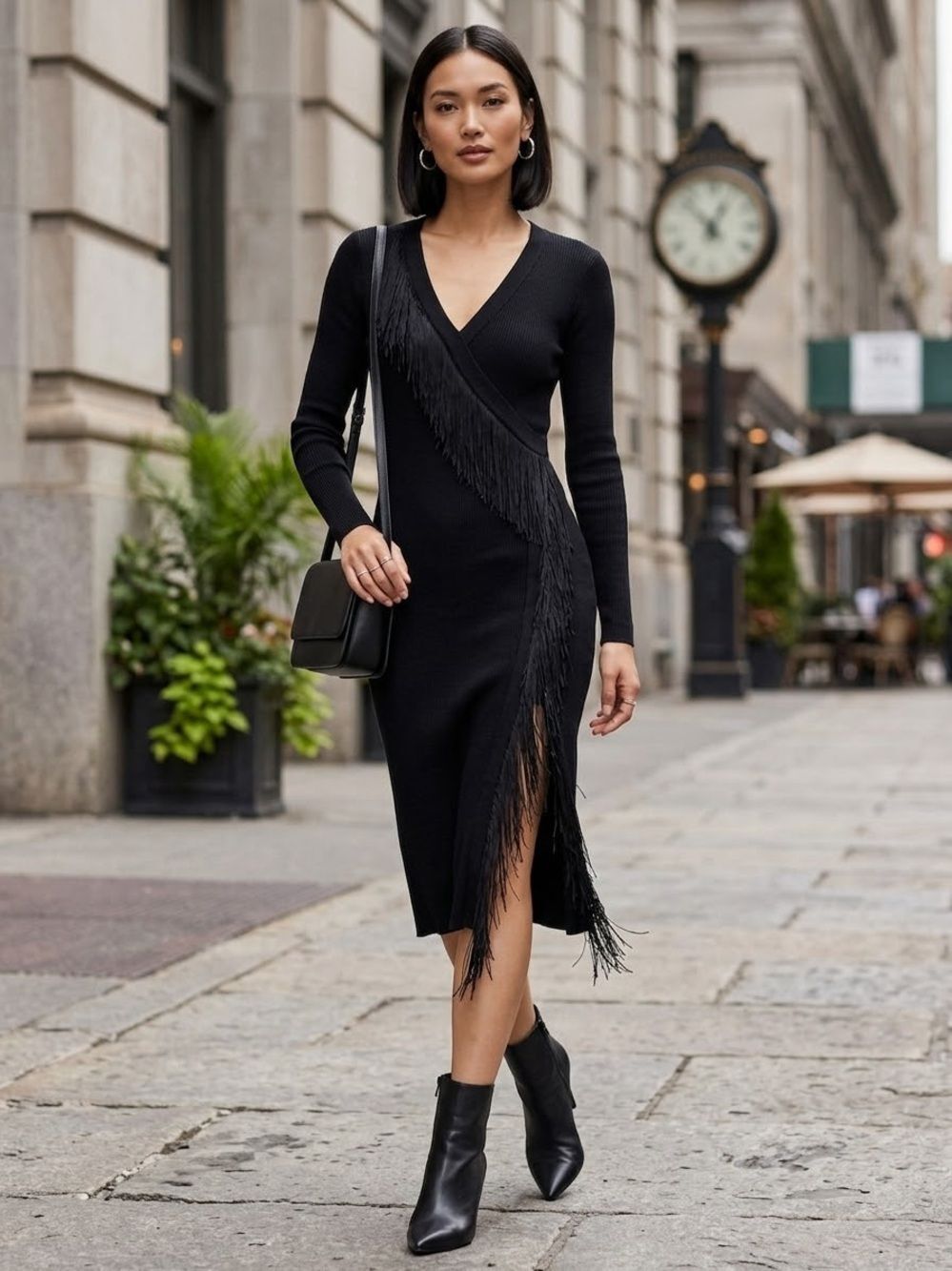 (T6) INC International ConceptsLong-sleeved V-neck knit dress,Sz S,with fringe